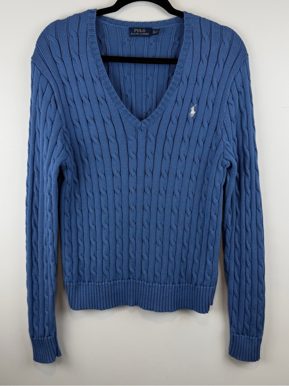 POLO RALPH LAUREN Women's Cable Knit V-Neck 100% Cotton Blue Sweater Size XL